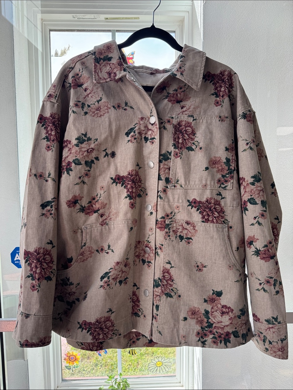 Universal Thread Beige Floral Utility Jacket with Pink Blossoms